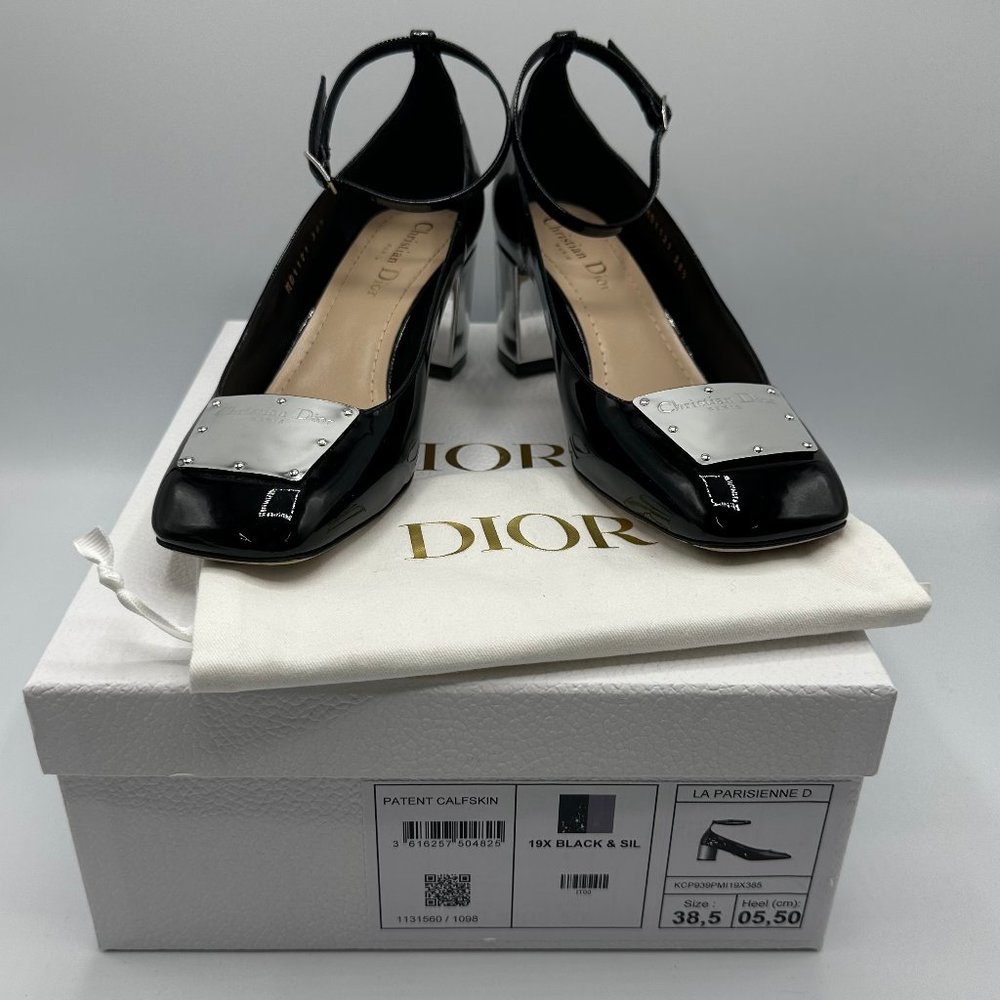 Dior La Parisienne Black Patent Leather Pump with Silver Heel & Ankle Strap FW22 - Picture 2 of 12